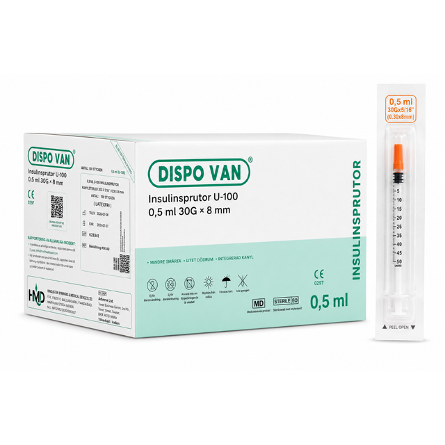 Insulinsprøjter U-100 0,5 ml 30G × 8 mm – DISPO VAN